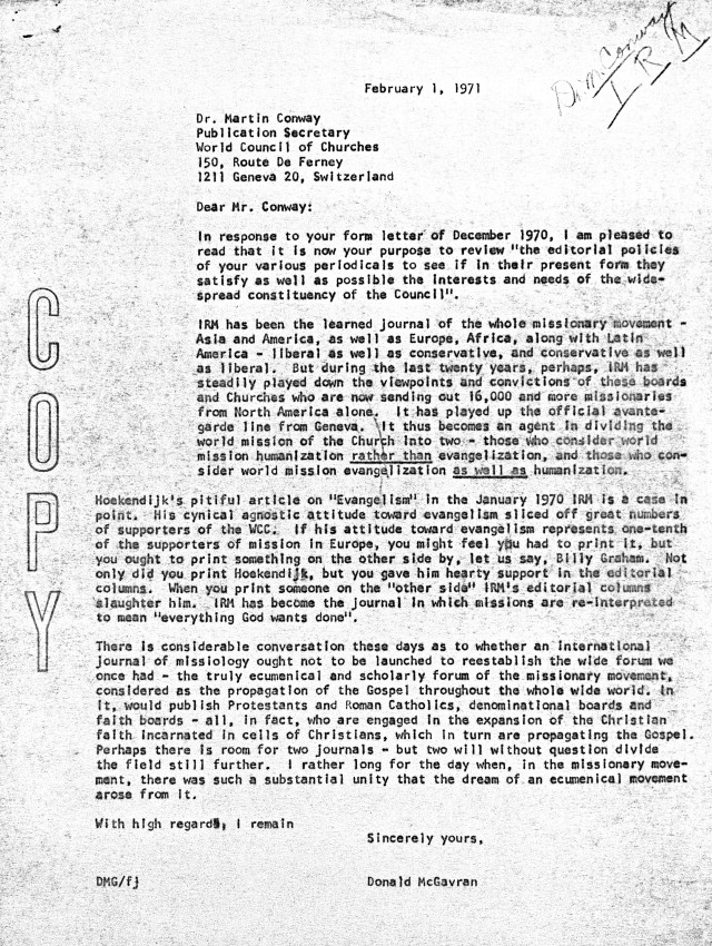 International Review of Missions Letter 2 1 1971